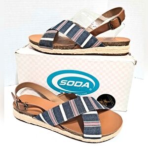 Blue and Tan Open Toe Sandals Comfortable Summer Shoes Espardilles NIB